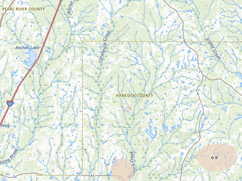 Radar-estimated hail-size map of the storm over Carriere, MS on Jun 2, 2026