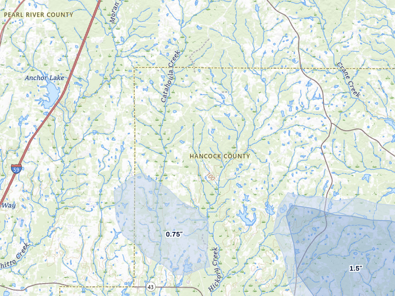 NEXRAD radar-signature map of the hail over Carriere, MS