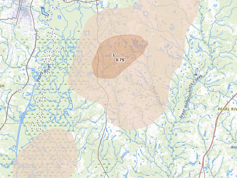 Radar-estimated hail-size map of the storm over Carriere, MS on Aug 21, 2026