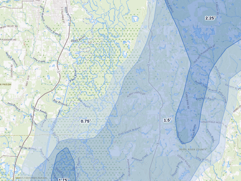 NEXRAD radar-signature map of the hail storm over Carriere, MS on Aug 21, 2026
