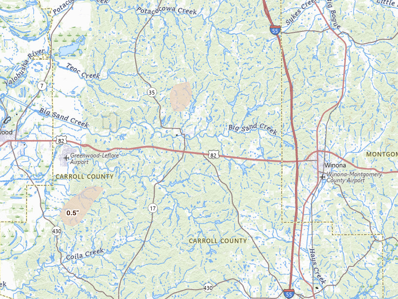 Radar-estimated hail-size map of the storm over Carrollton, MS on Mar 31, 2026