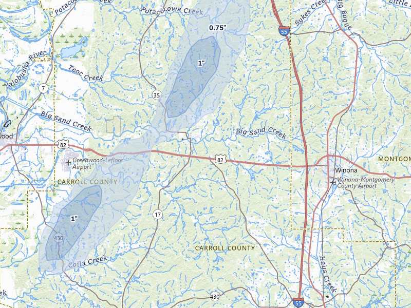 NEXRAD radar-signature map of the hail over Carrollton, MS