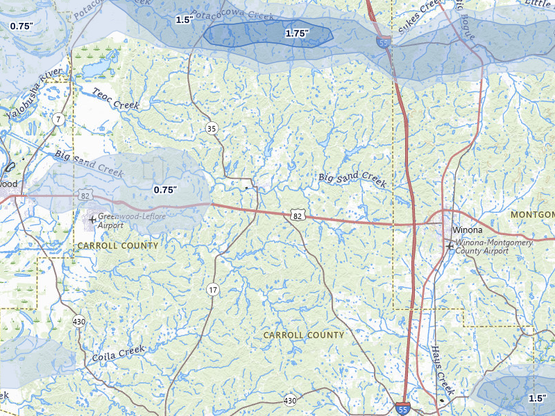 NEXRAD radar-signature map of the hail storm over Carrollton, MS on Apr 28, 2026