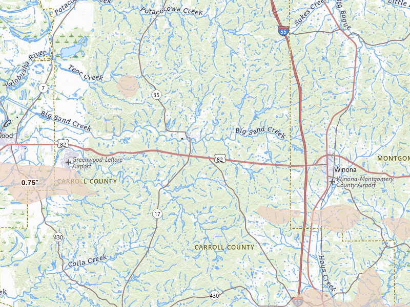 Radar-estimated hail-size map of the storm over Carrollton, MS on May 10, 2026