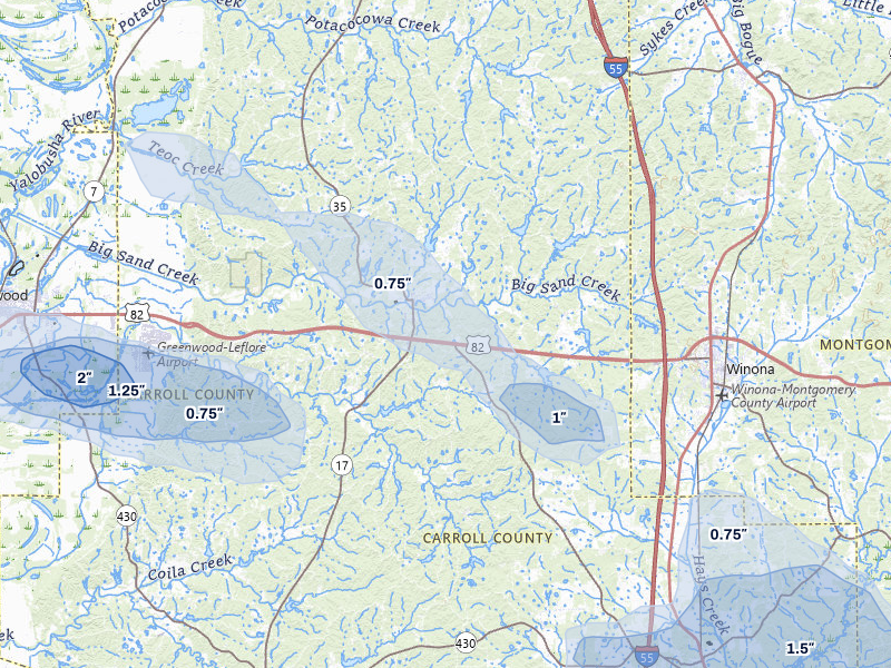 NEXRAD radar-signature map of the hail storm over Carrollton, MS on May 10, 2026