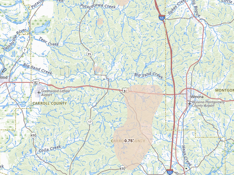 Radar-estimated hail-size map of the storm over Carrollton, MS on Jun 1, 2026