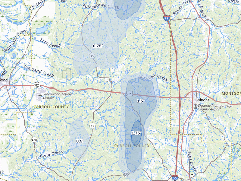 NEXRAD radar-signature map of the hail storm over Carrollton, MS on Jun 1, 2026