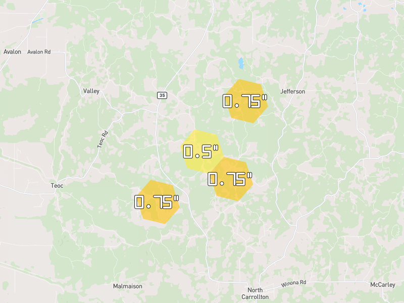 Hail map of Carrollton, MS on Jun 2, 2026, hail up to 0.75"