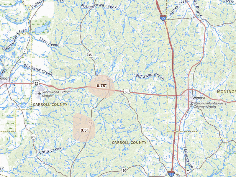 Radar-estimated hail-size map of the storm over Carrollton, MS on Jun 19, 2026