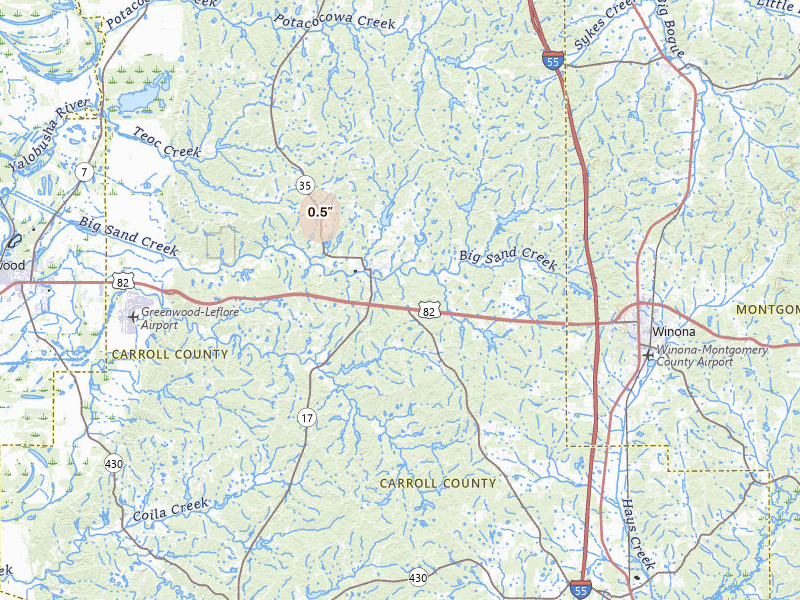 Radar-estimated hail-size map of the storm over Carrollton, MS on Jul 13, 2026