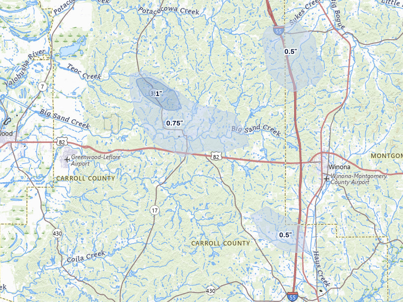 NEXRAD radar-signature map of the hail over Carrollton, MS