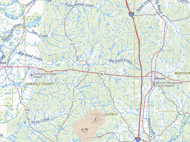 Radar-estimated hail-size map of the storm over Carrollton, MS on Jul 29, 2026