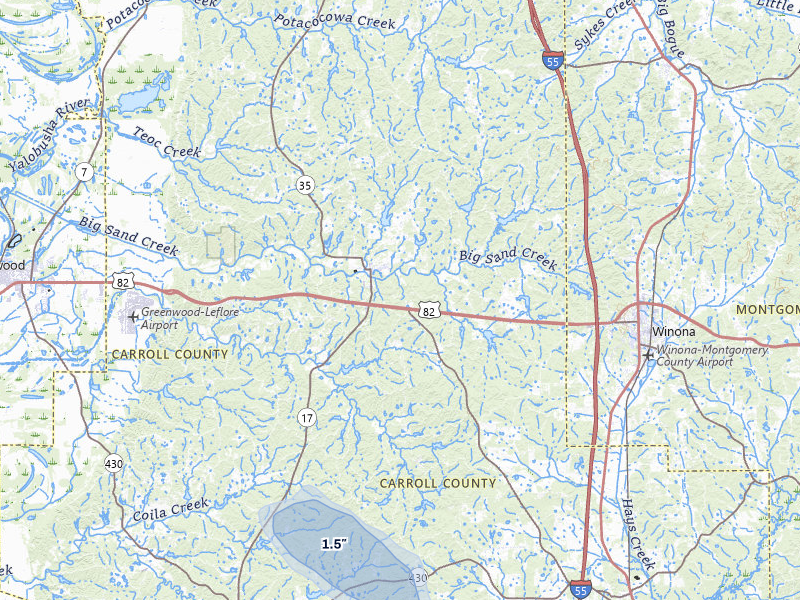NEXRAD radar-signature map of the hail storm over Carrollton, MS on Jul 29, 2026