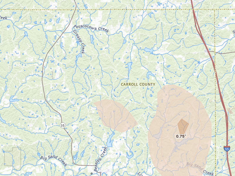Radar-estimated hail-size map of the storm over Carrollton, MS on Aug 20, 2026