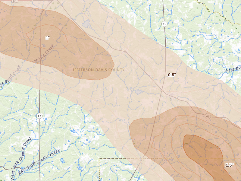 Radar-estimated hail-size map of the storm over Carson, MS on Apr 24, 2026