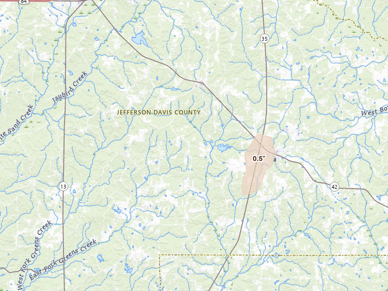 Radar-estimated hail-size map of the storm over Carson, MS on Aug 21, 2026