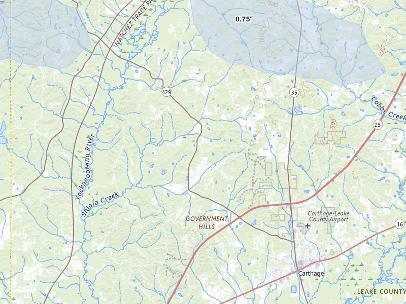 NEXRAD radar-signature map of the hail over Carthage, MS