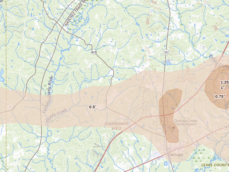 Radar-estimated hail-size map of the storm over Carthage, MS on Apr 28, 2026