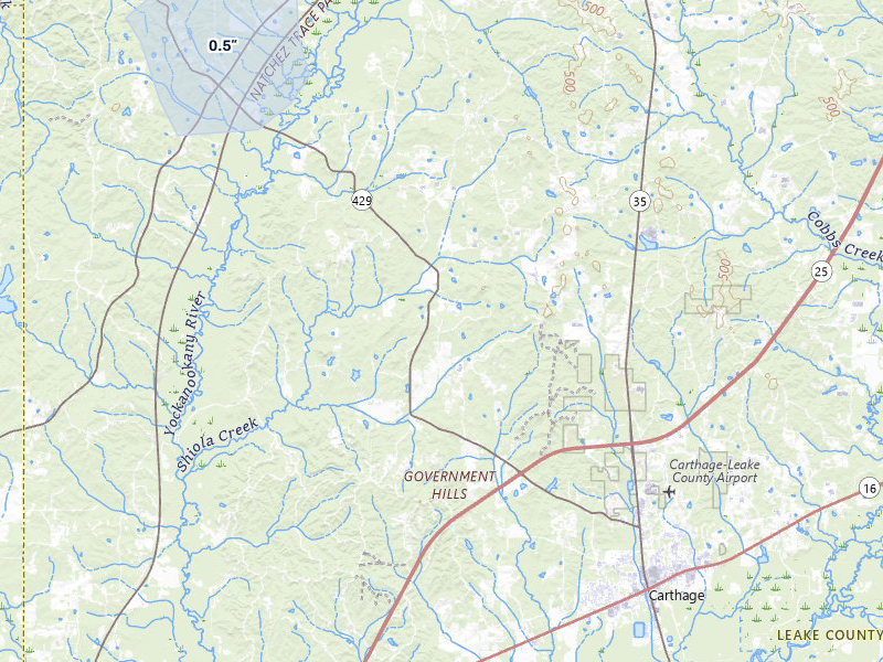 NEXRAD radar-signature map of the hail over Carthage, MS