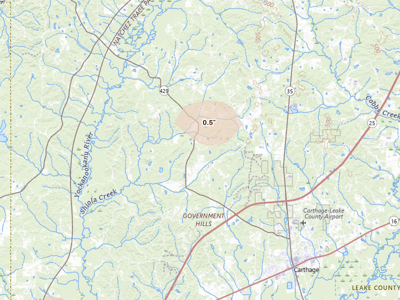 Radar-estimated hail-size map of the storm over Carthage, MS on Jul 1, 2026