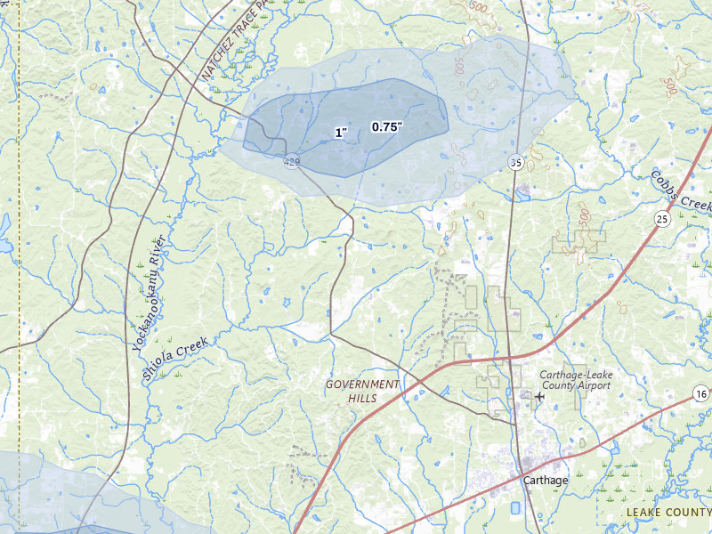 NEXRAD radar-signature map of the hail storm over Carthage, MS on Jul 1, 2026