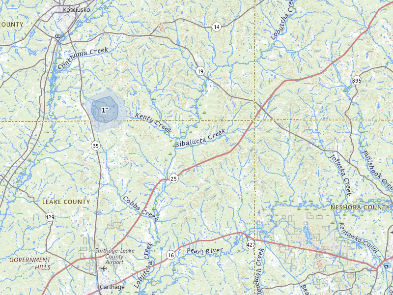 NEXRAD radar-signature map of the hail storm over Carthage, MS on Aug 9, 2026