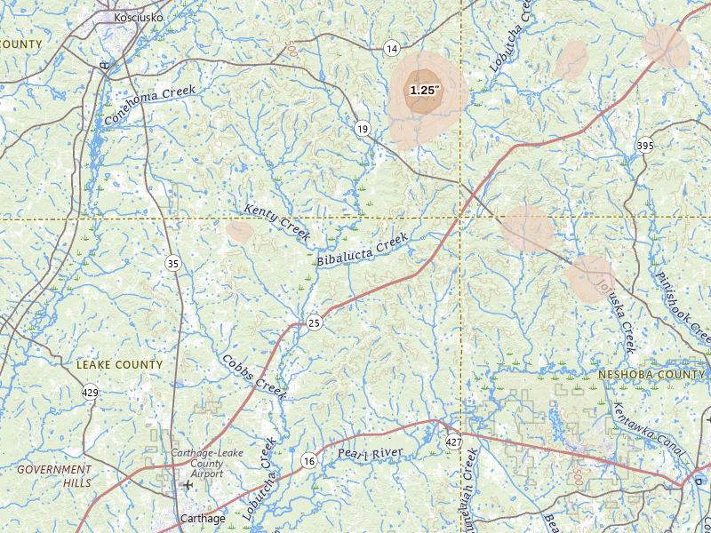 Radar-estimated hail-size map of the storm over Carthage, MS on Aug 19, 2026