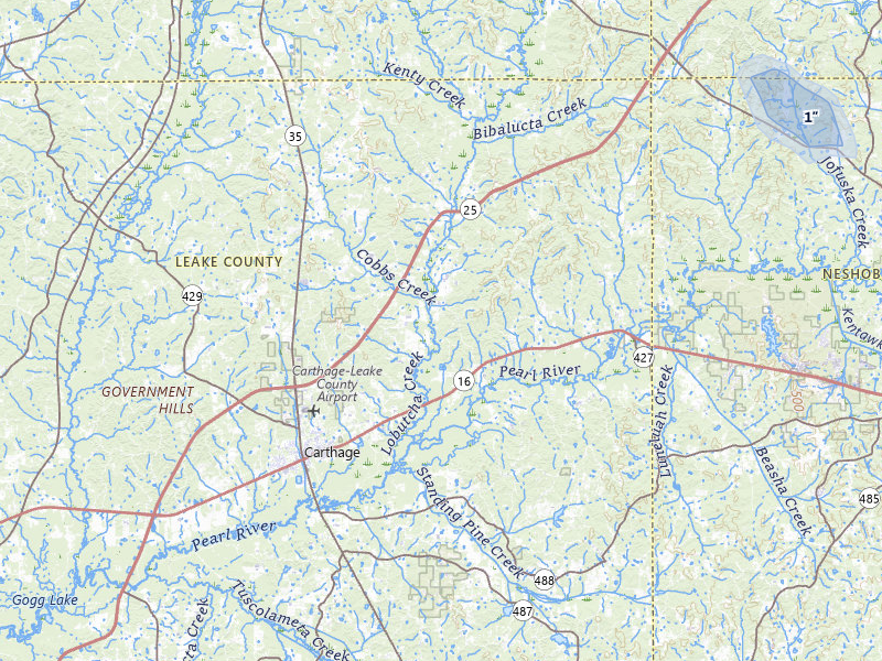 NEXRAD radar-signature map of the hail storm over Carthage, MS on Aug 19, 2026