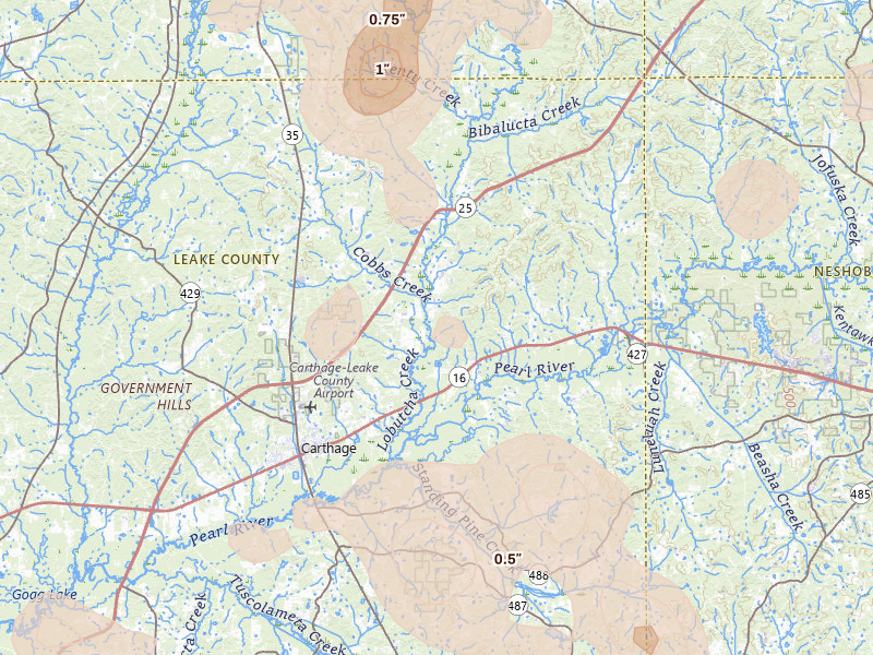 Radar-estimated hail-size map of the storm over Carthage, MS on Aug 20, 2026