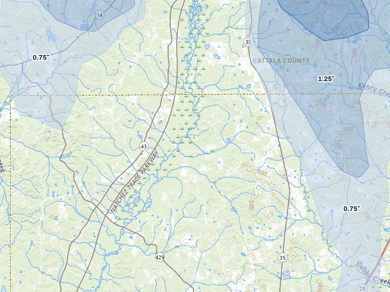 NEXRAD radar-signature map of the hail storm over Carthage, MS on Aug 20, 2026