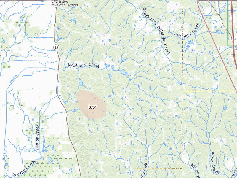 Radar-estimated hail-size map of the storm over Cascilla, MS on Jun 1, 2026