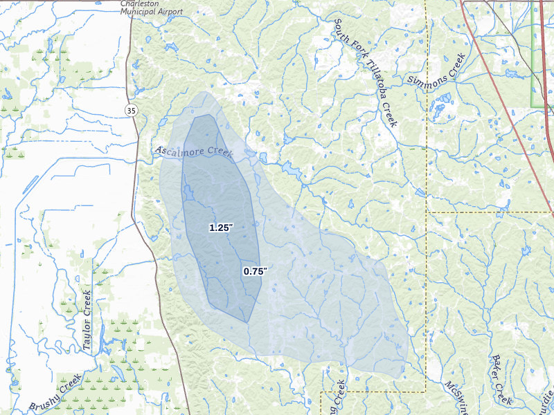 NEXRAD radar-signature map of the hail storm over Cascilla, MS on Jun 1, 2026