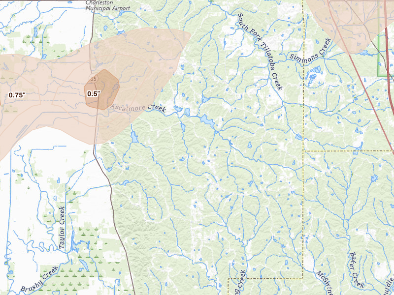 Radar-estimated hail-size map of the storm over Cascilla, MS on Jul 1, 2026