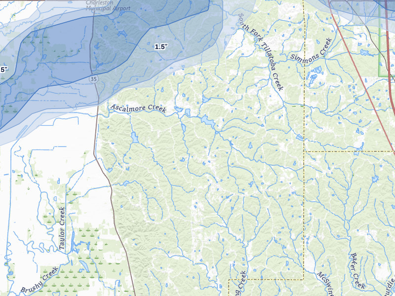 NEXRAD radar-signature map of the hail storm over Cascilla, MS on Jul 1, 2026