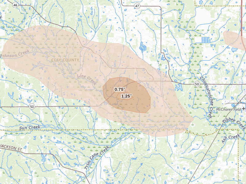 Radar-estimated hail-size map of the storm over Cedarbluff, MS on Aug 20, 2026