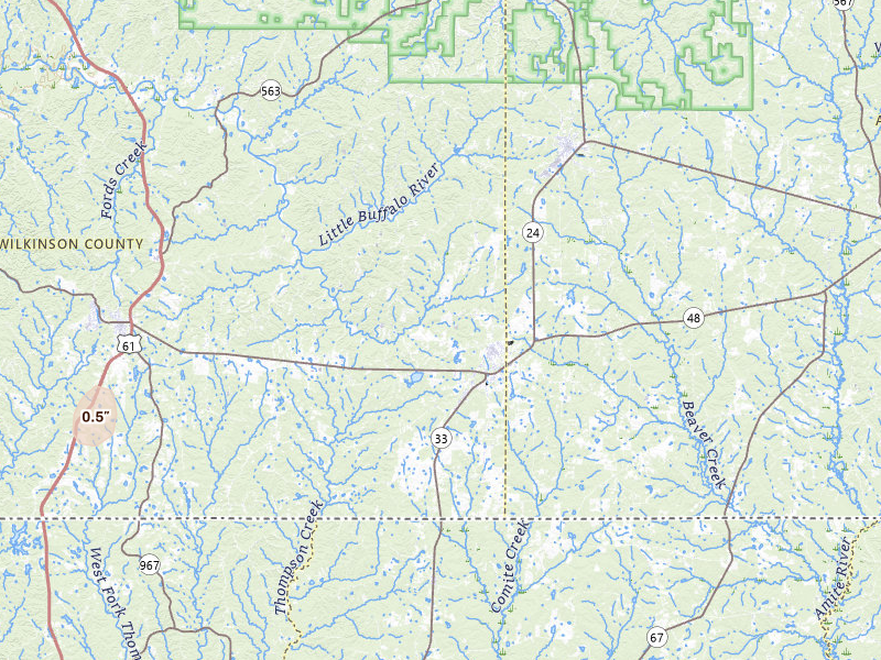 Radar-estimated hail-size map of the storm over Centreville, MS on Jun 2, 2026