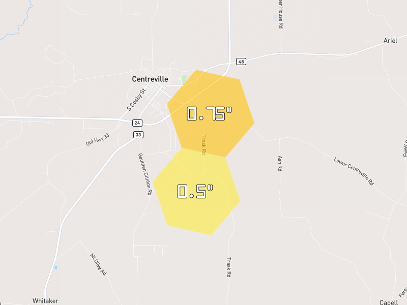 Hail map of Centreville, MS on Jun 2, 2026, hail up to 0.75"