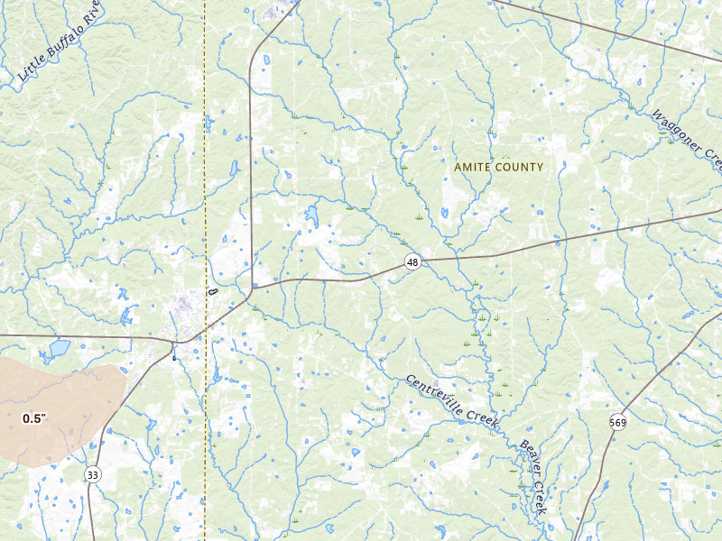 Radar-estimated hail-size map of the storm over Centreville, MS on Jul 5, 2026