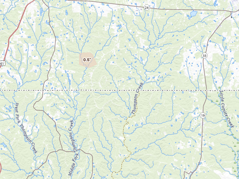 Radar-estimated hail-size map of the storm over Centreville, MS on Aug 16, 2026
