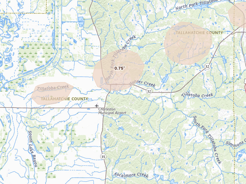 Radar-estimated hail-size map of the storm over Charleston, MS
