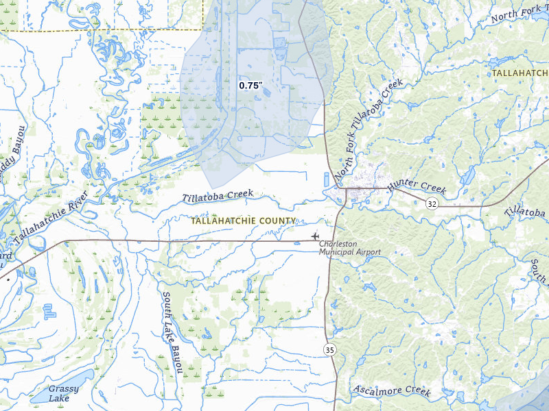 NEXRAD radar-signature map of the hail storm over Charleston, MS on Apr 28, 2026