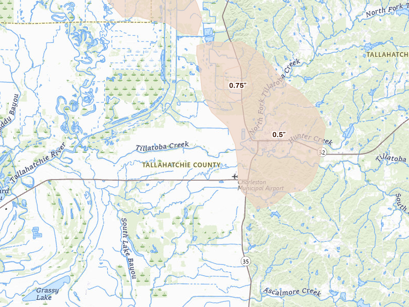 Radar-estimated hail-size map of the storm over Charleston, MS on Jun 24, 2026