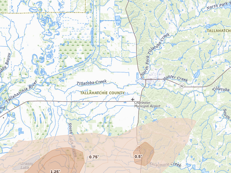 Radar-estimated hail-size map of the storm over Charleston, MS on Jul 1, 2026
