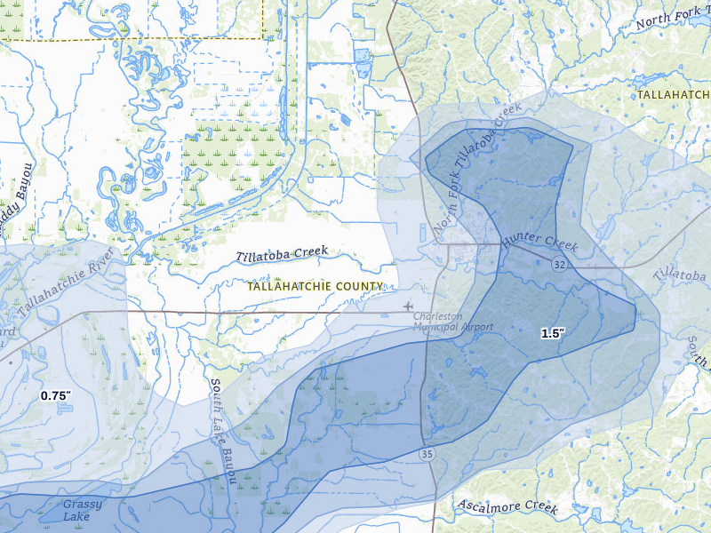 NEXRAD radar-signature map of the hail storm over Charleston, MS on Jul 1, 2026