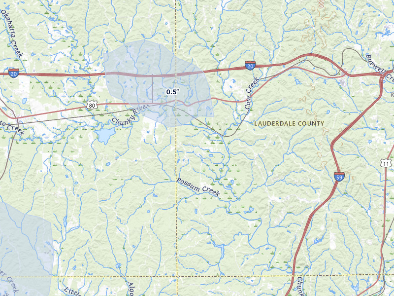 NEXRAD radar-signature map of the hail storm over Chunky, MS on Apr 24, 2026