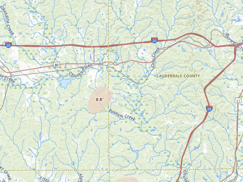 Radar-estimated hail-size map of the storm over Chunky, MS on Jul 6, 2026