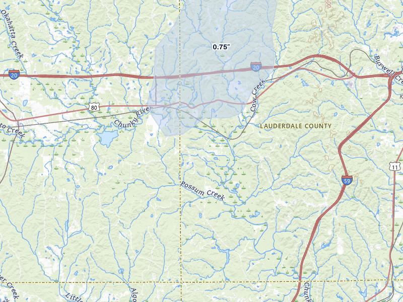 NEXRAD radar-signature map of the hail storm over Chunky, MS on Jul 13, 2026