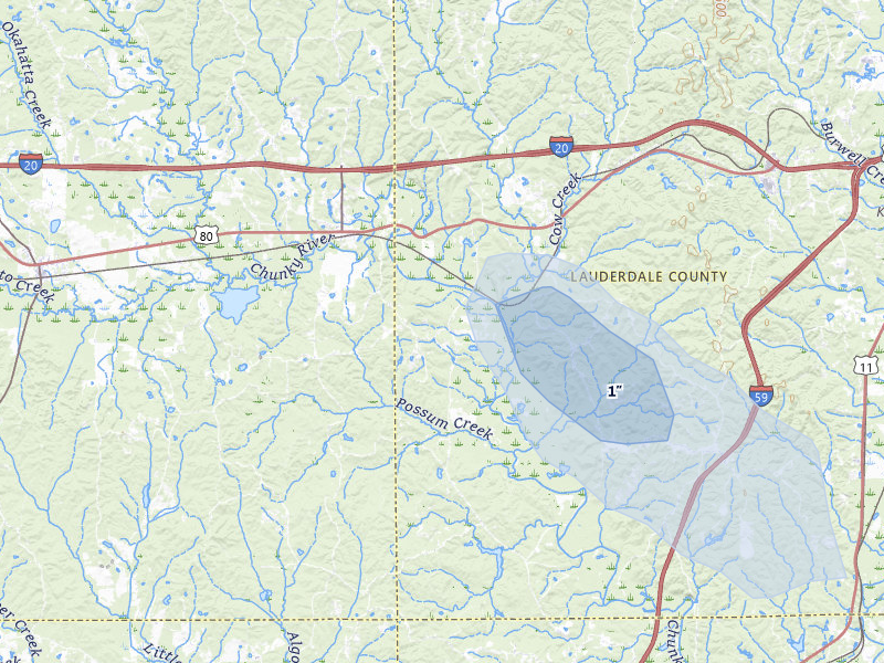 NEXRAD radar-signature map of the hail storm over Chunky, MS on Jul 31, 2026