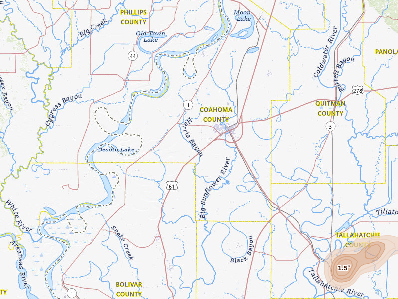 Radar-estimated hail-size map of the storm over Clarksdale, MS on Jul 1, 2026