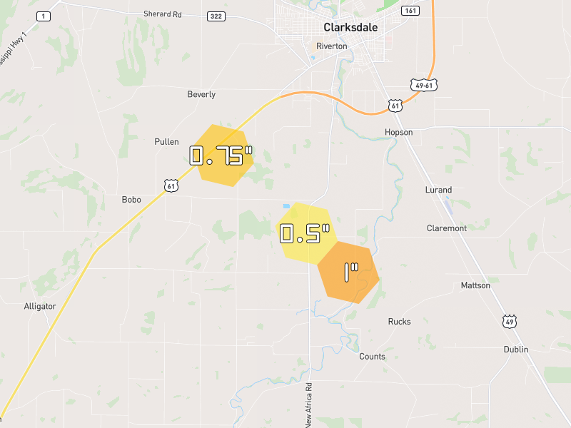 Hail map of Clarksdale, MS on Jul 2, 2026, hail up to 1"